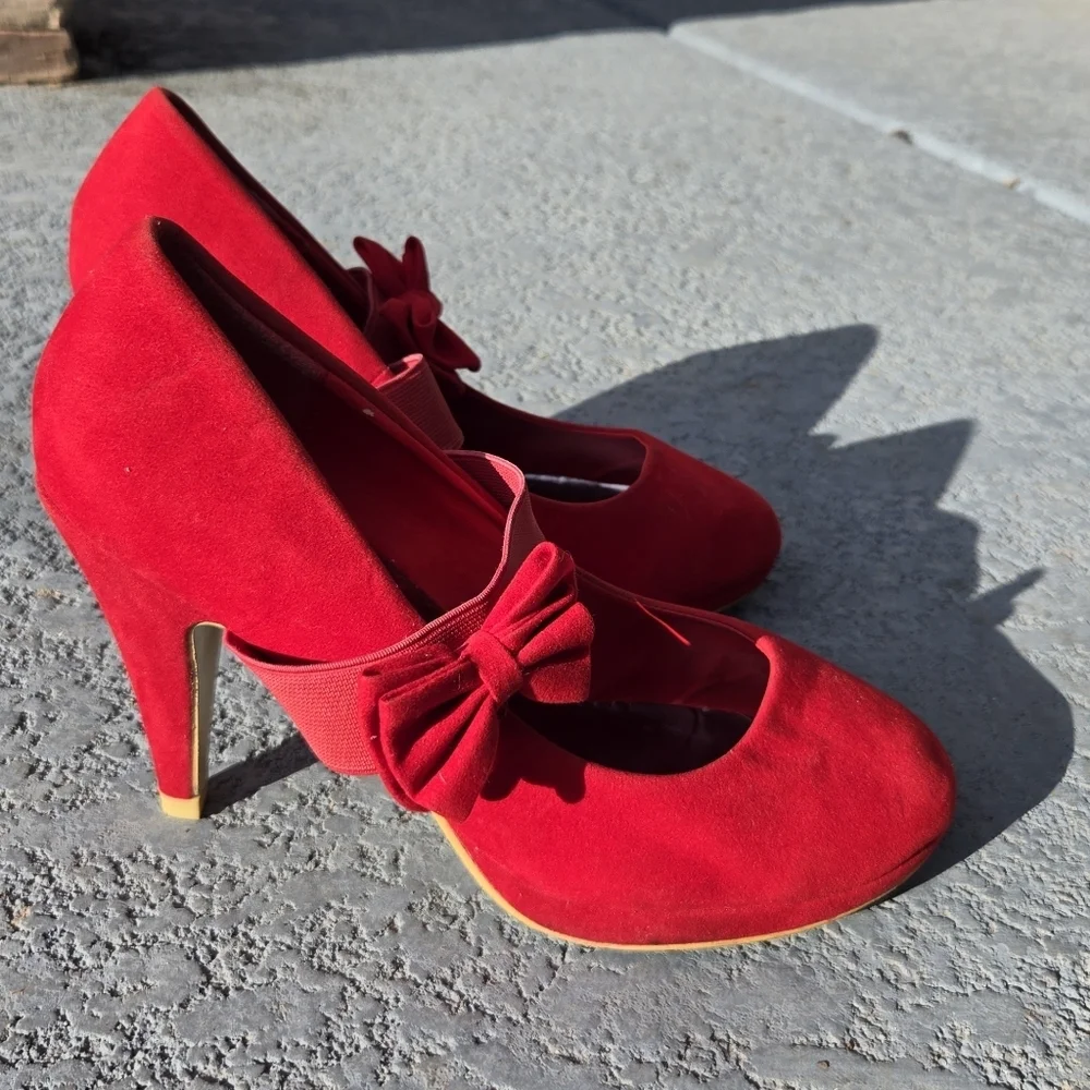 PazzCe Sz 9 Mary Jane Red Bow Heels Platform Pumps Ladies High Heeled